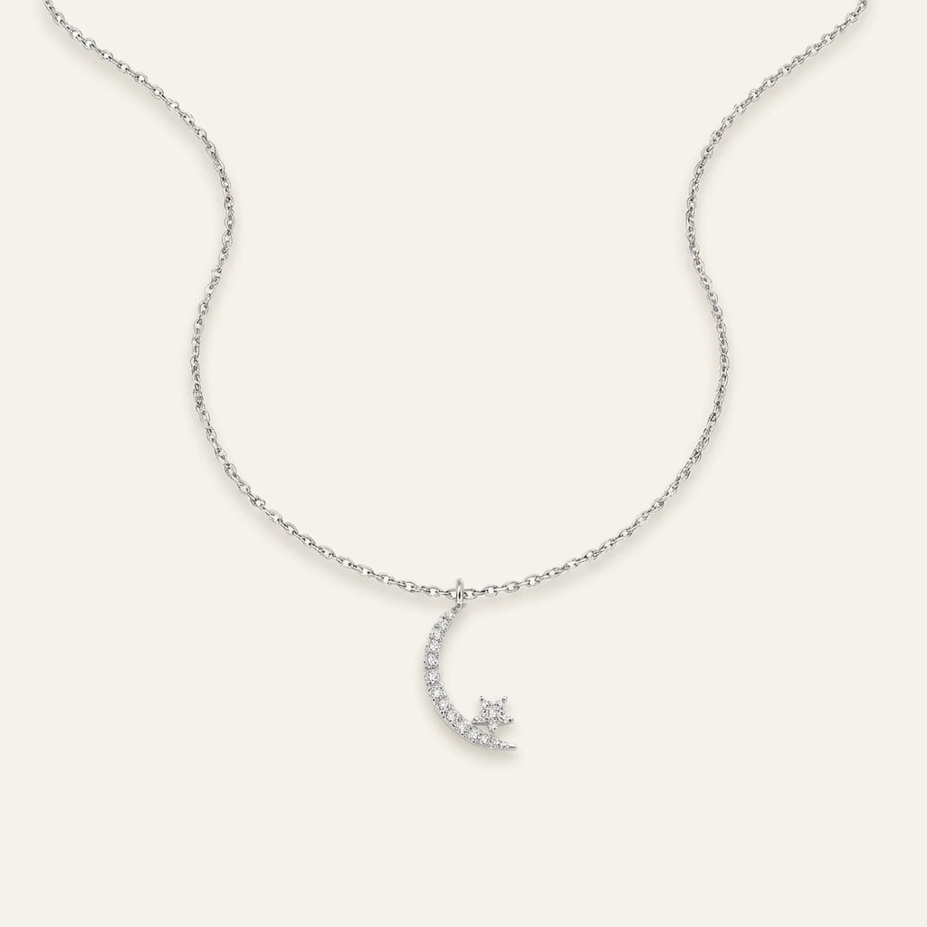 Moissanite 0.50 CT Round Cut Diamond Moon & Star Necklace