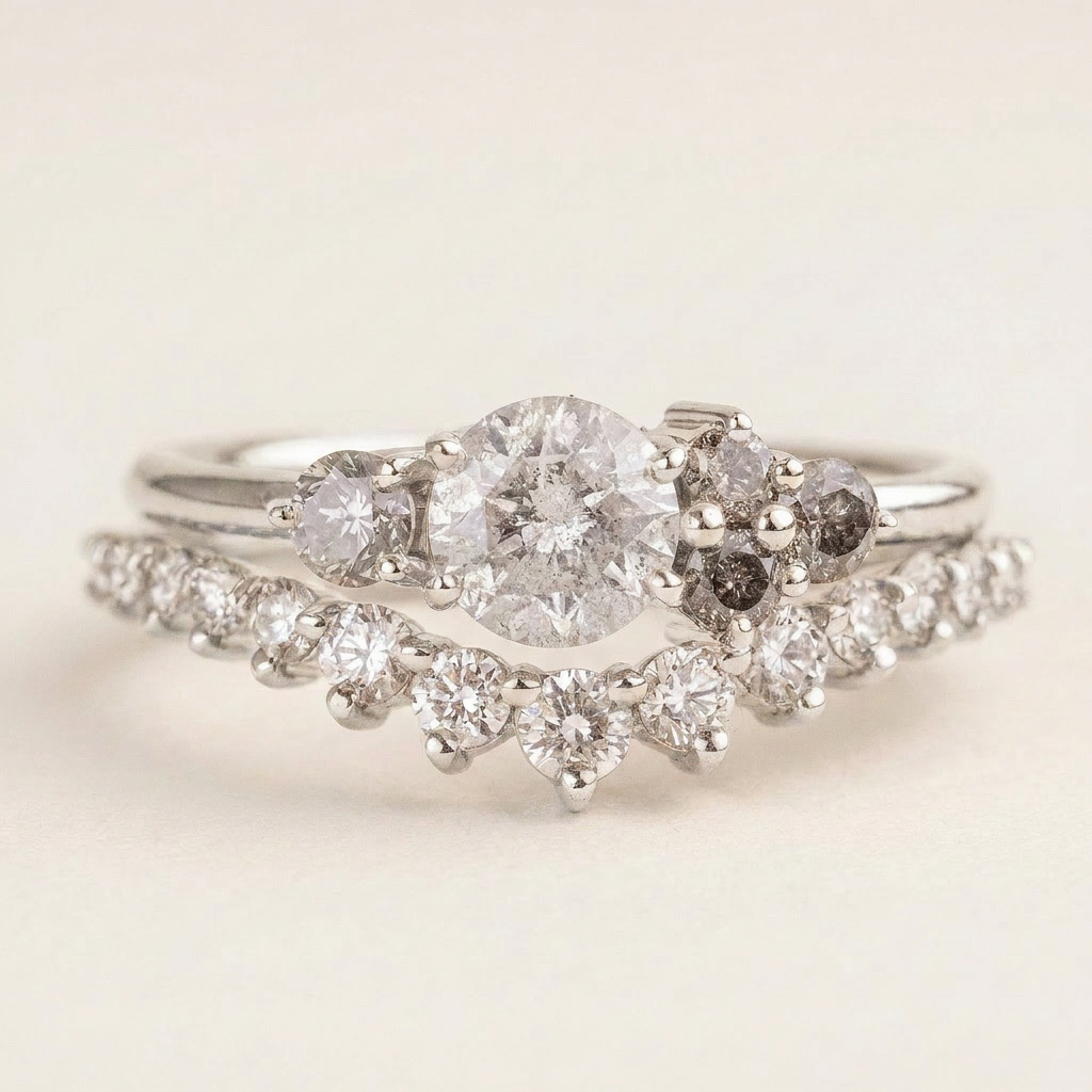 1.55 CT Round Cut Salt and Pepper Diamond Cluster Ring
