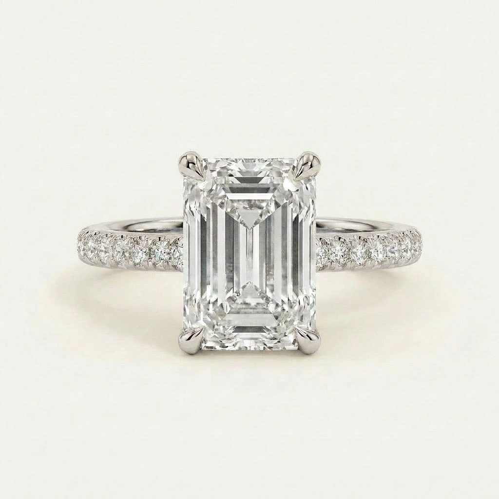 Moissanite 3.63 CT Emerald & Round Cut Diamond Solitaire Ring