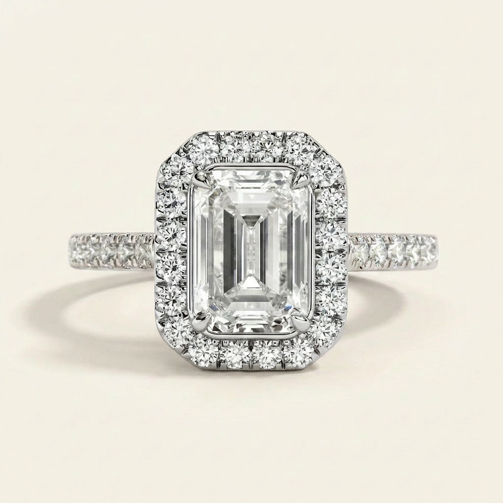 Moissanite 2.70 CT Emerald & Round Cut Diamond Halo Ring