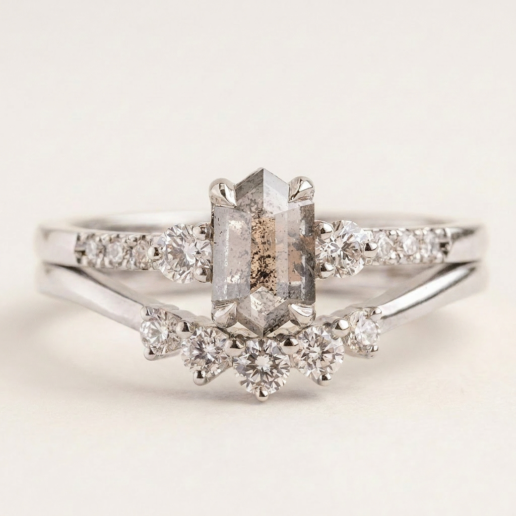 1.55 CT Hexagon & Round Cut Salt and Pepper Diamond Three Stone Ring
