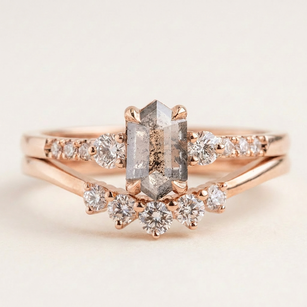 1.55 CT Hexagon & Round Cut Salt and Pepper Diamond Three Stone Ring