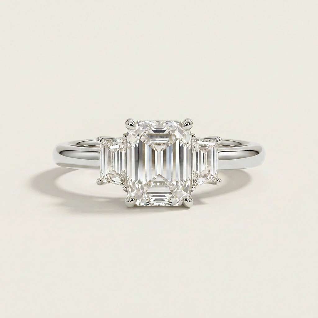 Moissanite 3.00 CT Emerald & Trapezoid Cut Diamond Three Stone Ring