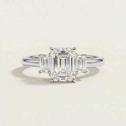 Moissanite 3.00 CT Emerald & Trapezoid Cut Diamond Three Stone Ring