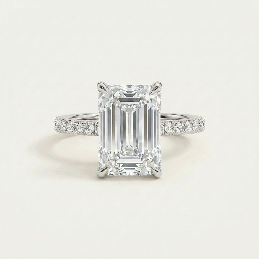 Moissanite 5.10 CT Emerald & Round Cut Diamond Solitaire Ring