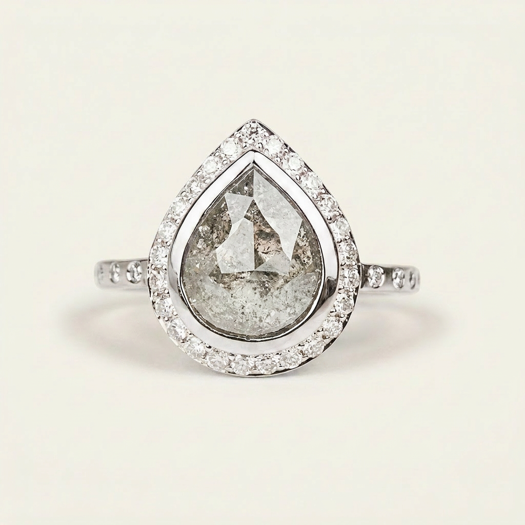 2.35 CT Pear & Round Cut Salt and Pepper Diamond Halo Ring