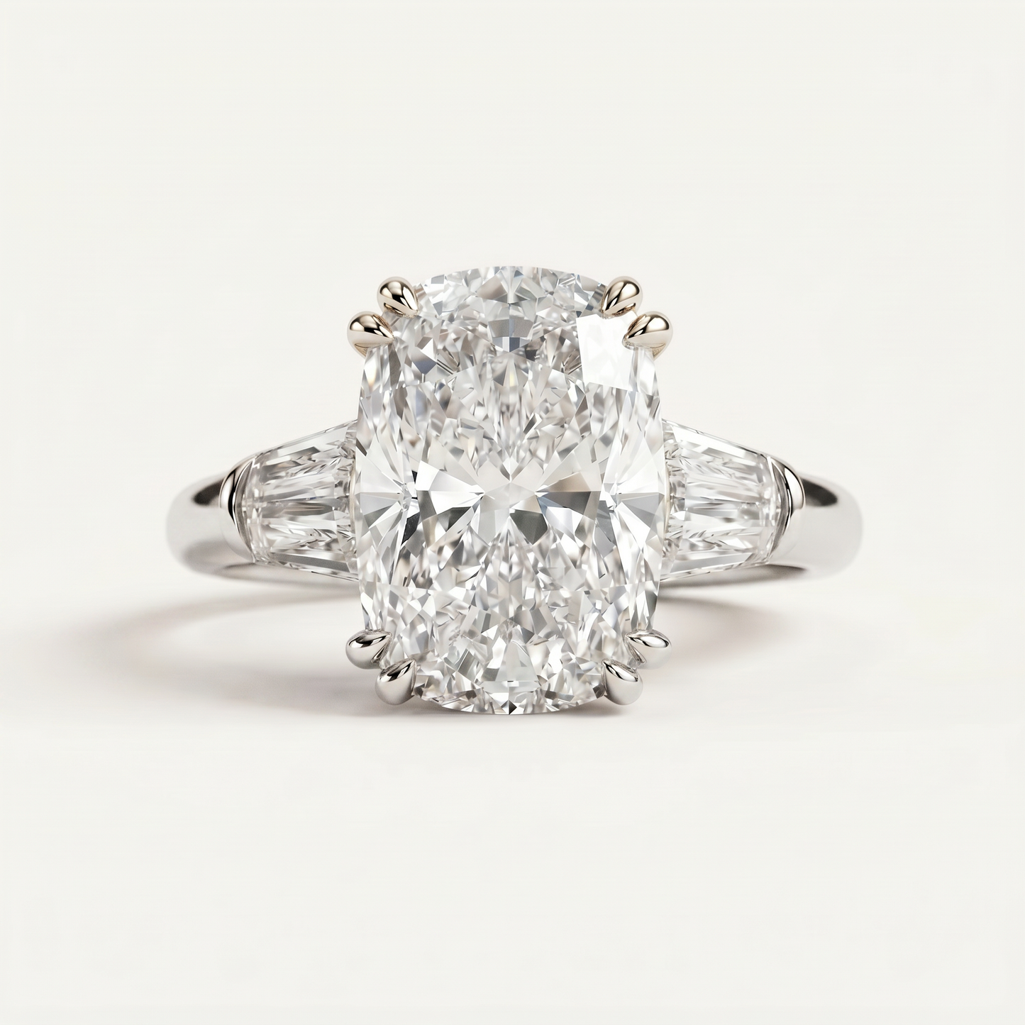Moissanite 5.10 CT Cushion & Tapered Cut Diamond Three Stone Ring