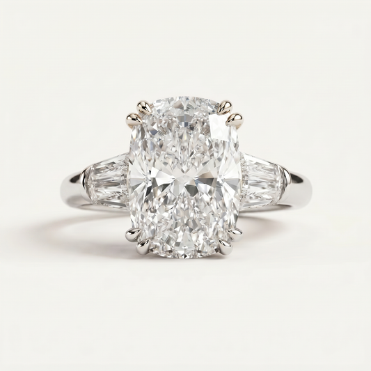 Moissanite 5.10 CT Cushion & Tapered Cut Diamond Three Stone Ring