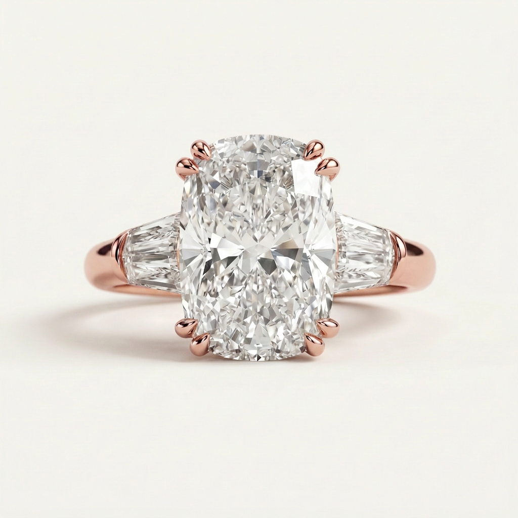 Moissanite 5.10 CT Cushion & Tapered Cut Diamond Three Stone Ring