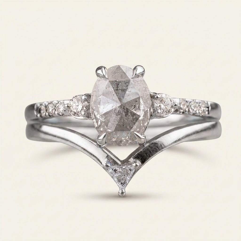 1.70 CT Oval & Round Cut Salt and Pepper Diamond Three Stone Ring