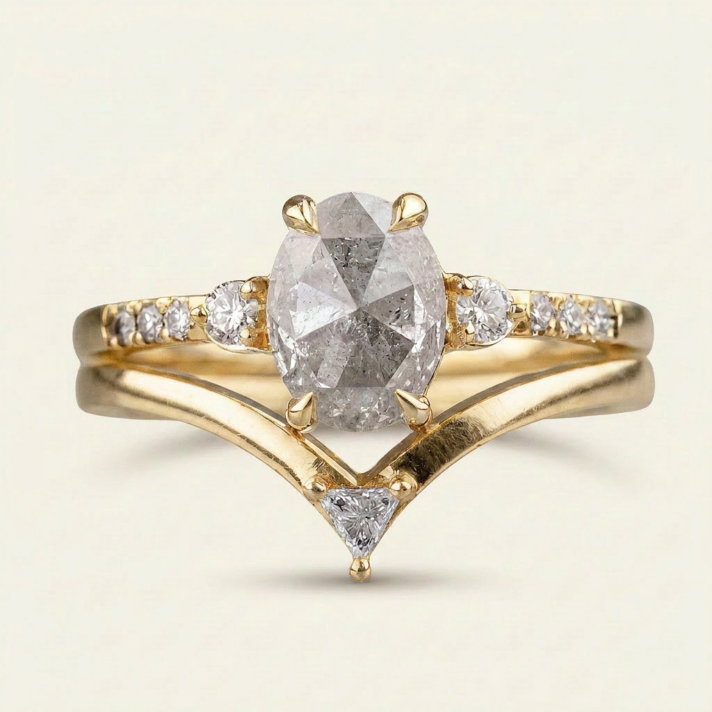 1.70 CT Oval & Round Cut Salt and Pepper Diamond Three Stone Ring