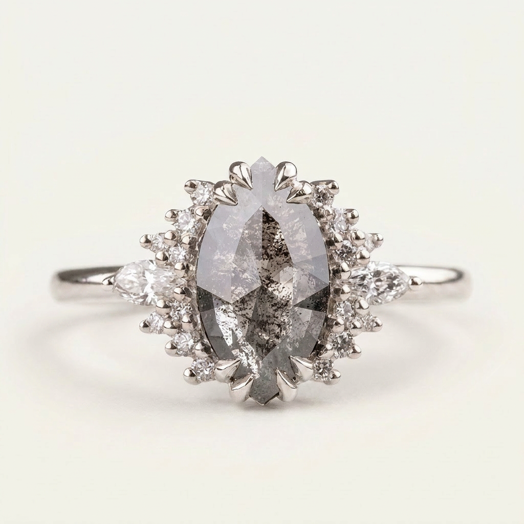 1.95 CT Marquise & Round Cut Salt and Pepper Diamond Cluster Ring