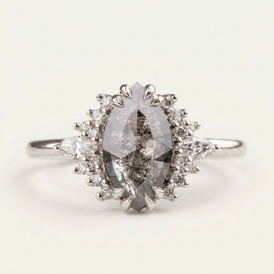 1.95 CT Marquise & Round Cut Salt and Pepper Diamond Cluster Ring
