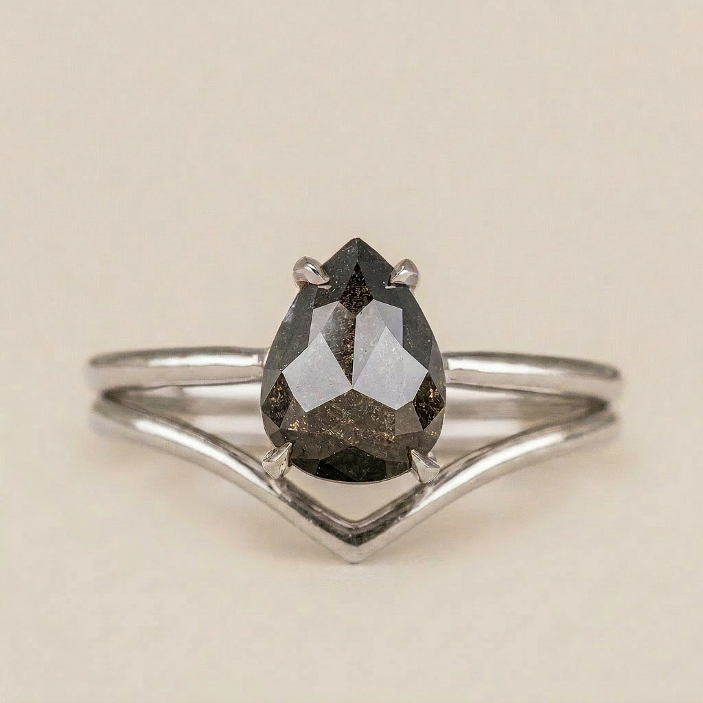 1.50 CT Pear Cut Salt and Pepper Diamond Solitaire Ring (V-Artdeco)