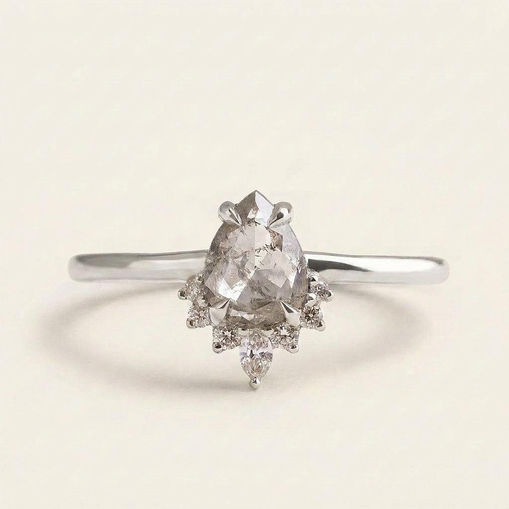 1.45 CT Pear & Round Cut Salt and Pepper Diamond Cluster Ring (V3)