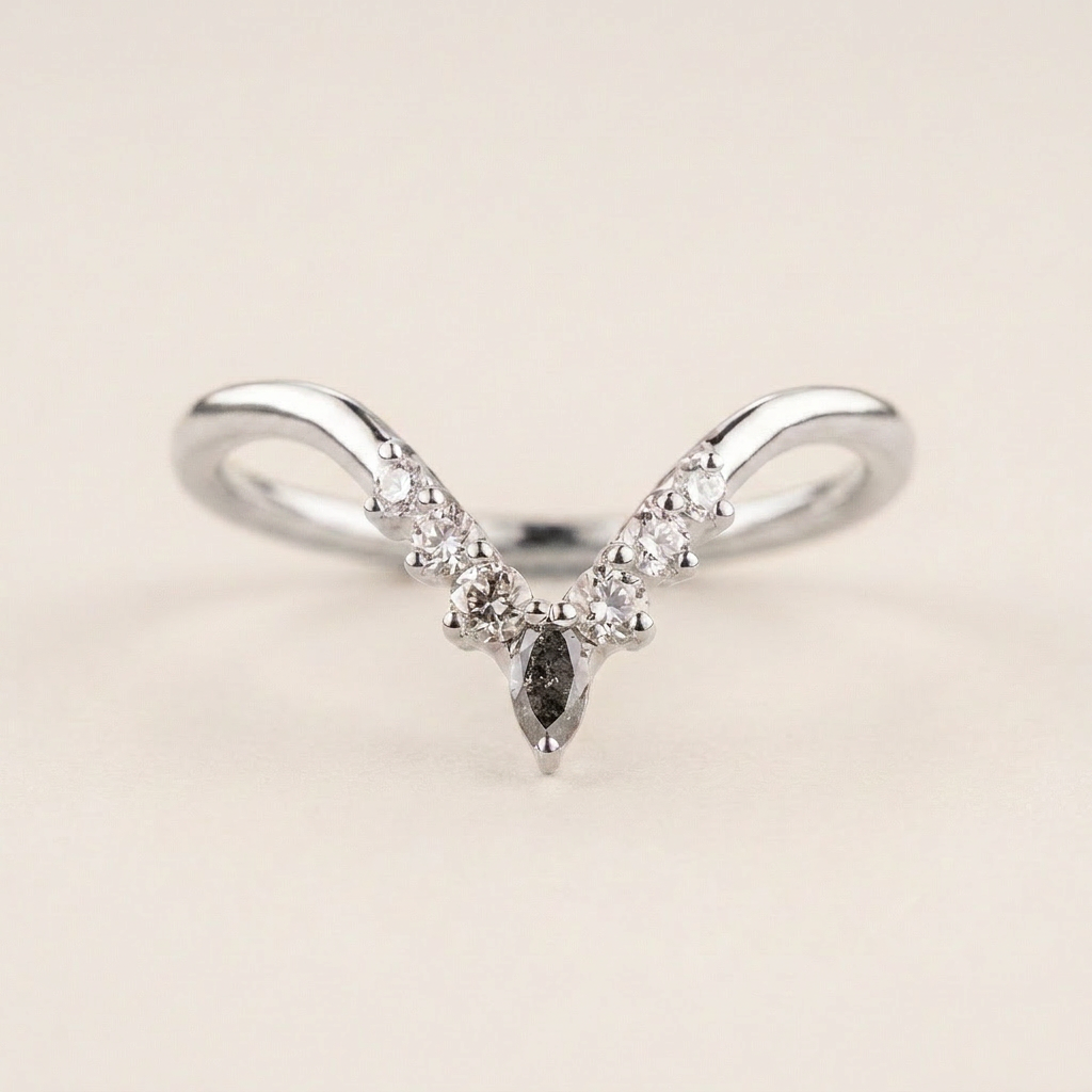 0.25 CT Marquise & Round Cut Salt and Pepper Diamond Ring (V-Pepper)