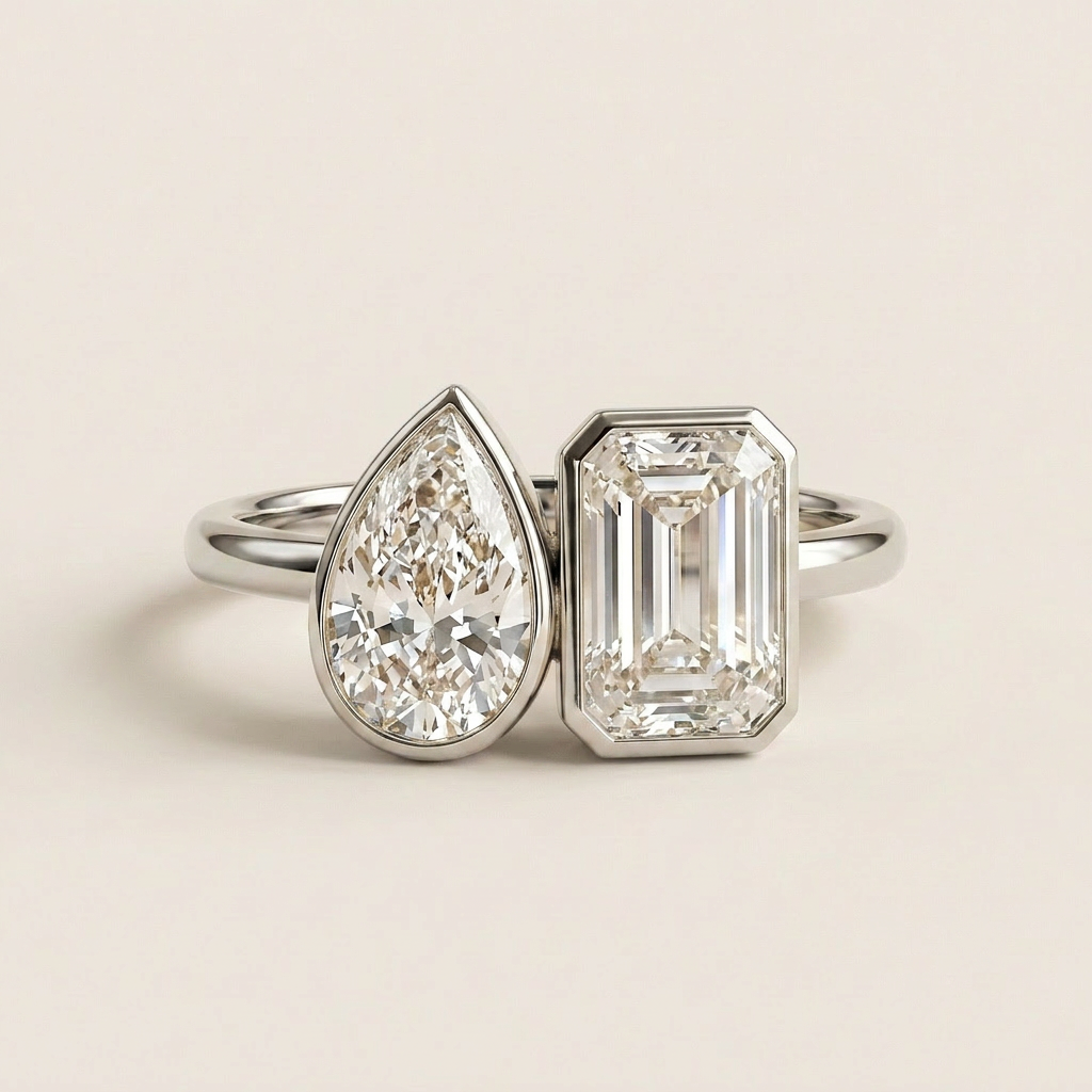 Moissanite 2.00 CT Pear & Emerald Cut Diamond Toi Et Moi Ring