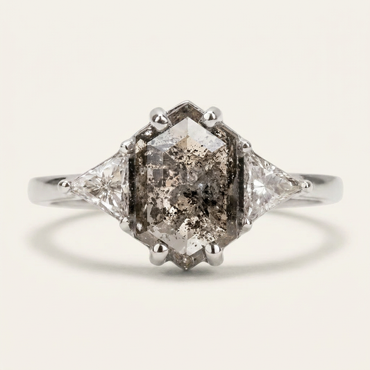 1.90 CT Hexagon & Triangle Cut Salt and Pepper Diamond Three Stone Ring