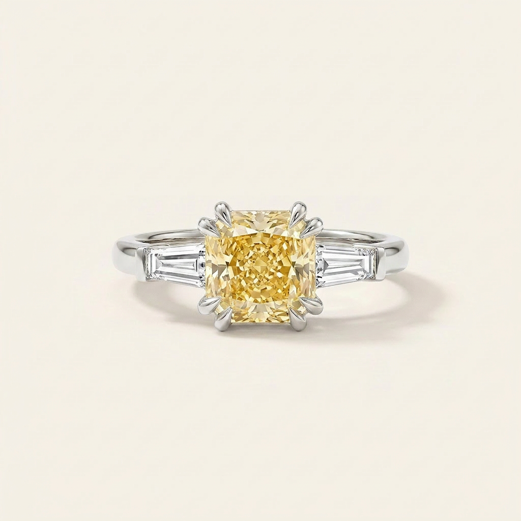Moissanite 1.00 CT Cushion & Tapered Baguette Cut Diamond Three Stone Ring