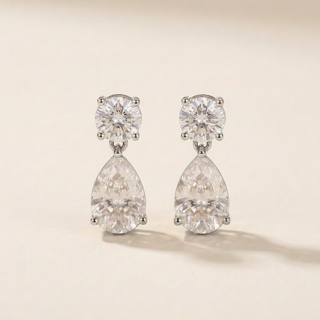 Moissanite 4.00 CT Round & Pear Cut Diamond Drop Earrings