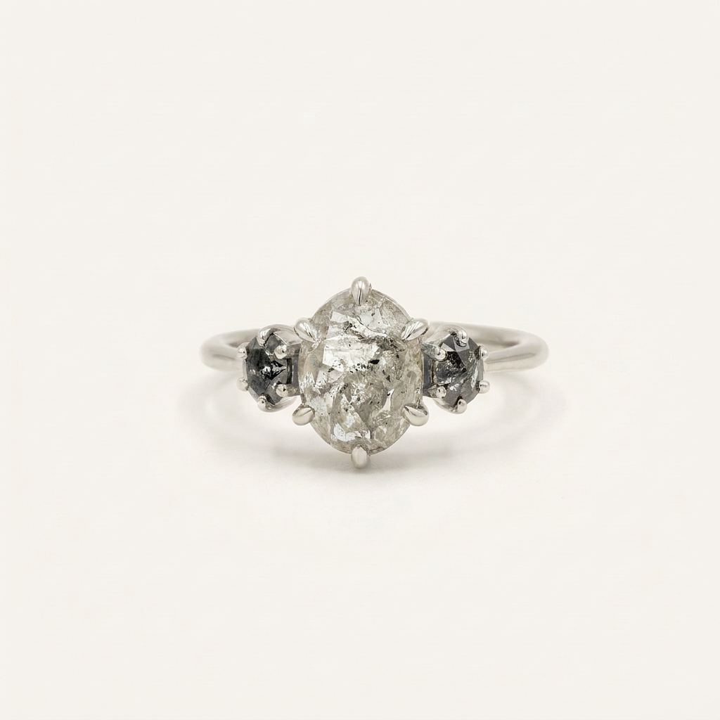 2.00 CT Oval Cut Salt and Pepper Diamond Three Stone Ring