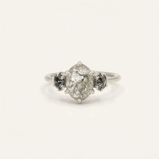 2.00 CT Oval Cut Salt and Pepper Diamond Three Stone Ring