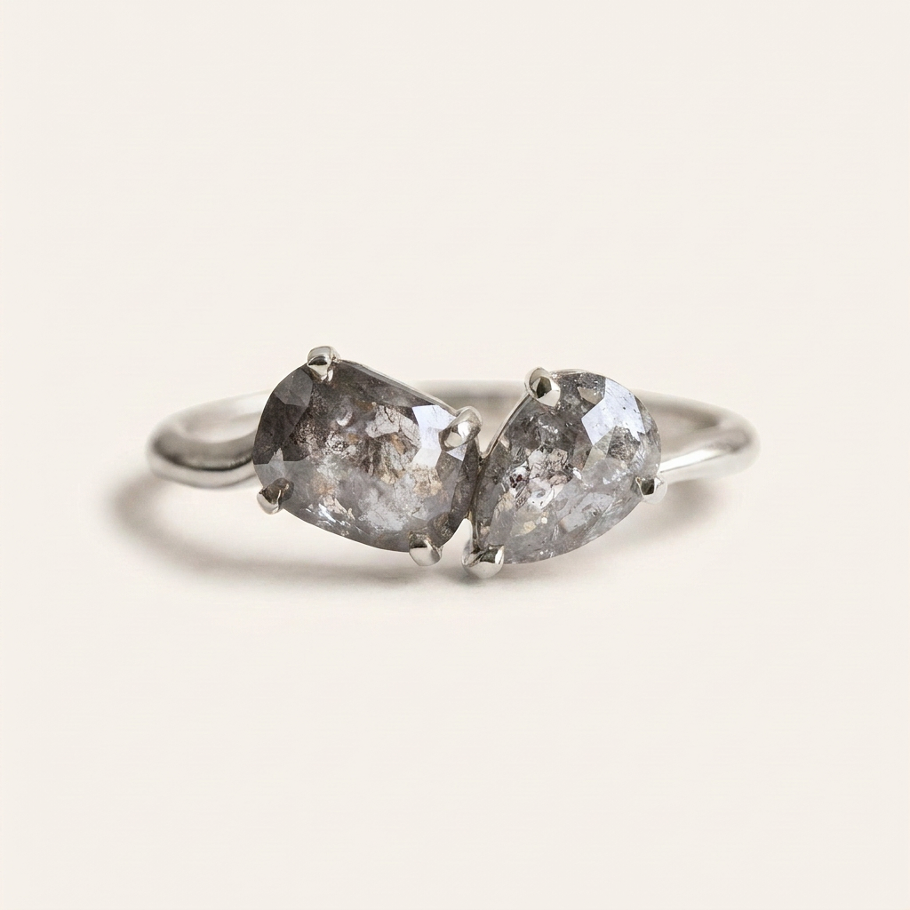 1.30 CT Pear & Cushion Cut Salt and Pepper Diamond Toi Et Moi Ring
