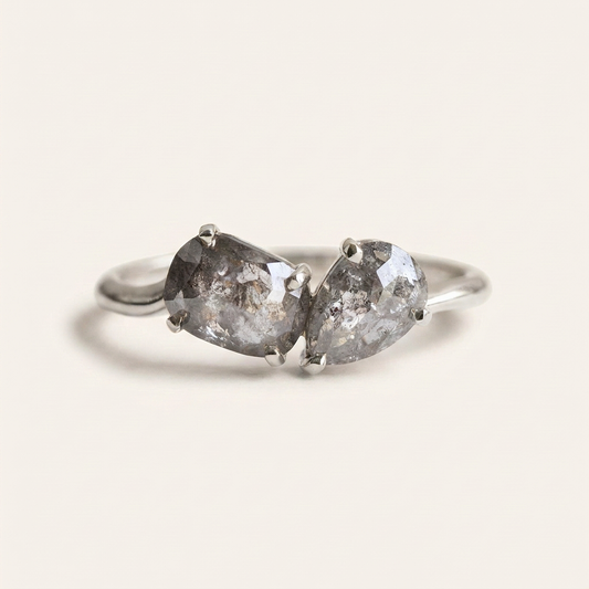 1.30 CT Pear & Cushion Cut Salt and Pepper Diamond Toi Et Moi Ring