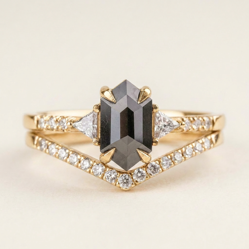 1.70 CT Hexagon & Round Cut Salt and Pepper Diamond Three Stone Ring (V1)