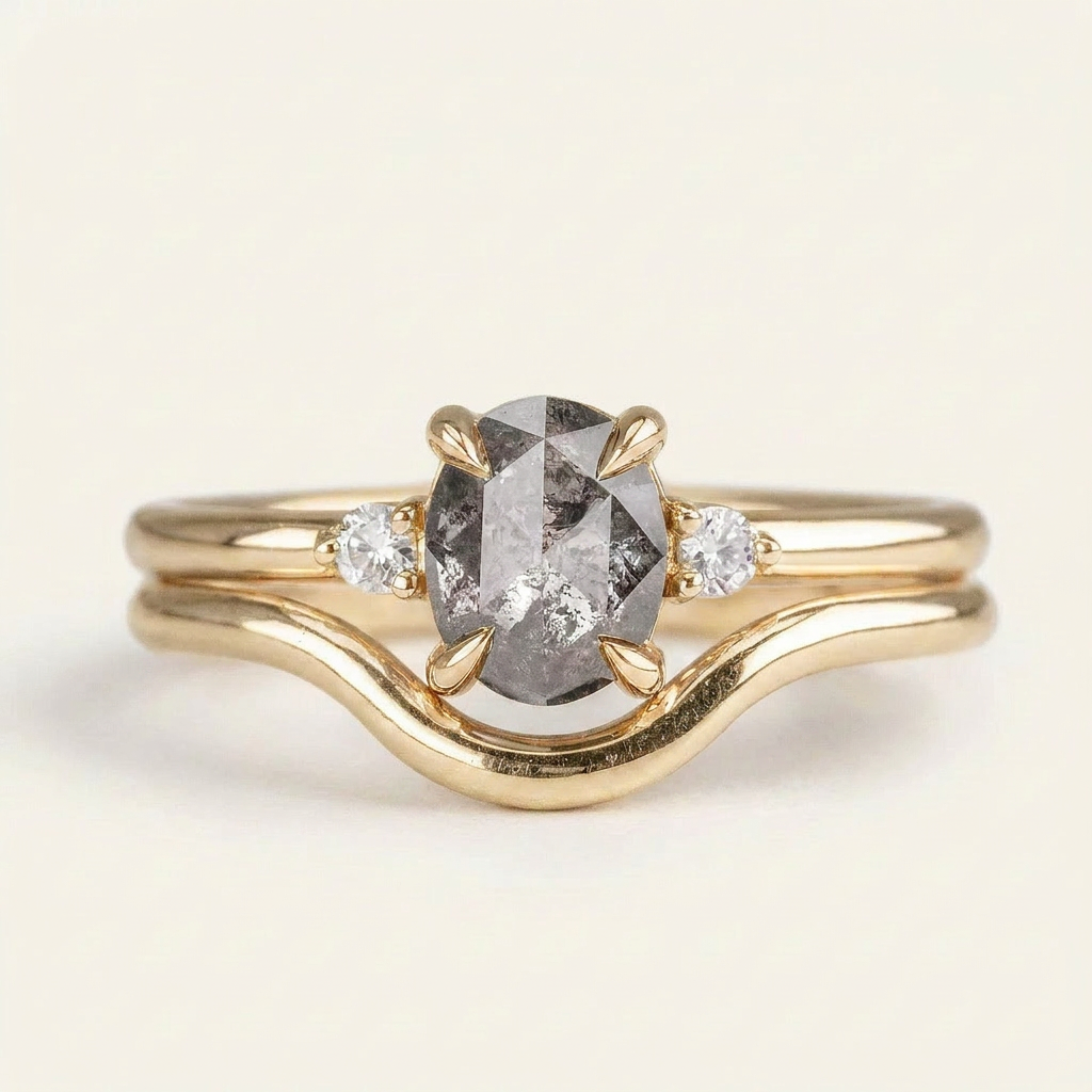 1.45 CT Oval & Round Cut Salt and Pepper Diamond Three Stone Ring