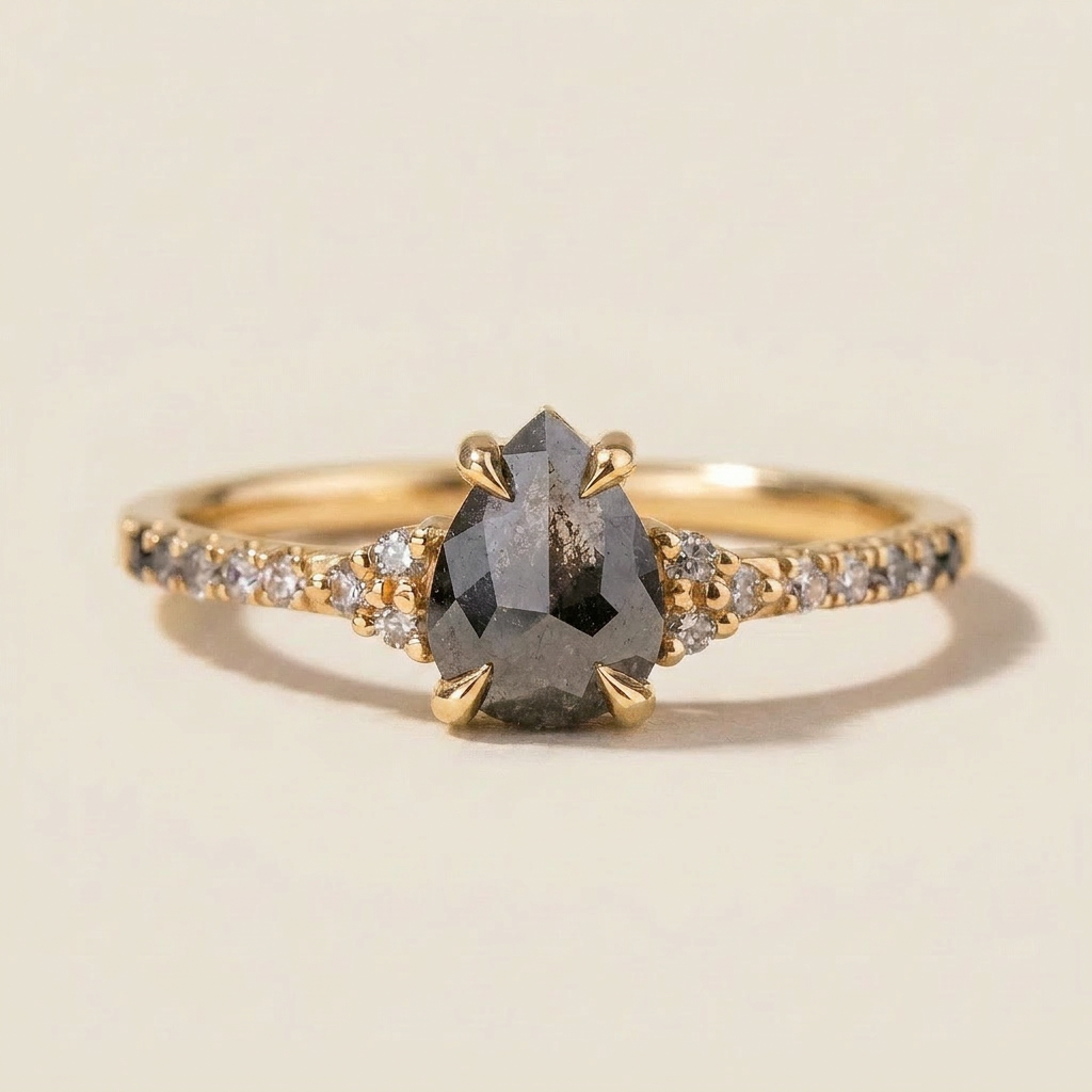 1.70 CT Pear Cut Salt and Pepper Diamond Solitaire Ring (V2)