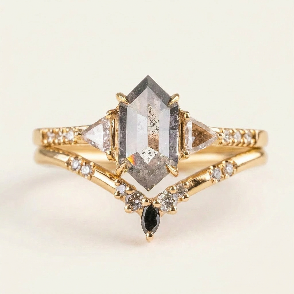 1.65 CT Hexagon & Round Cut Salt and Pepper Diamond Three Stone Ring (V-Artdeco)