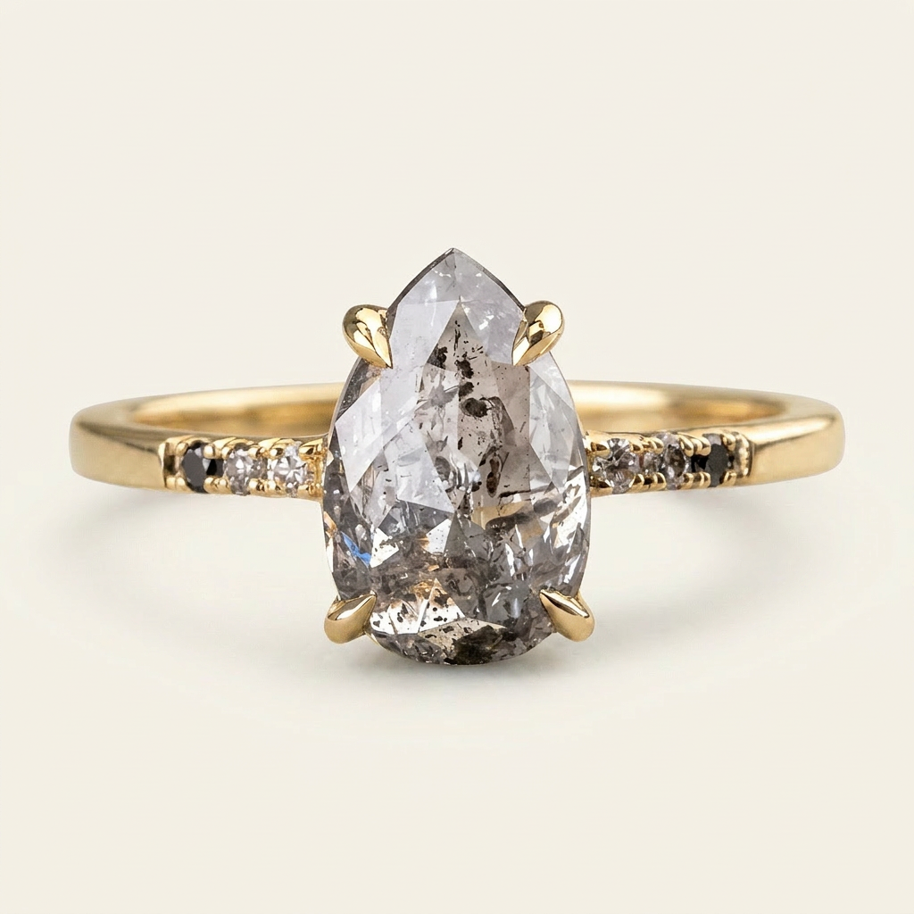 1.25 CT Pear Cut Salt and Pepper Diamond Solitaire Ring (V1)
