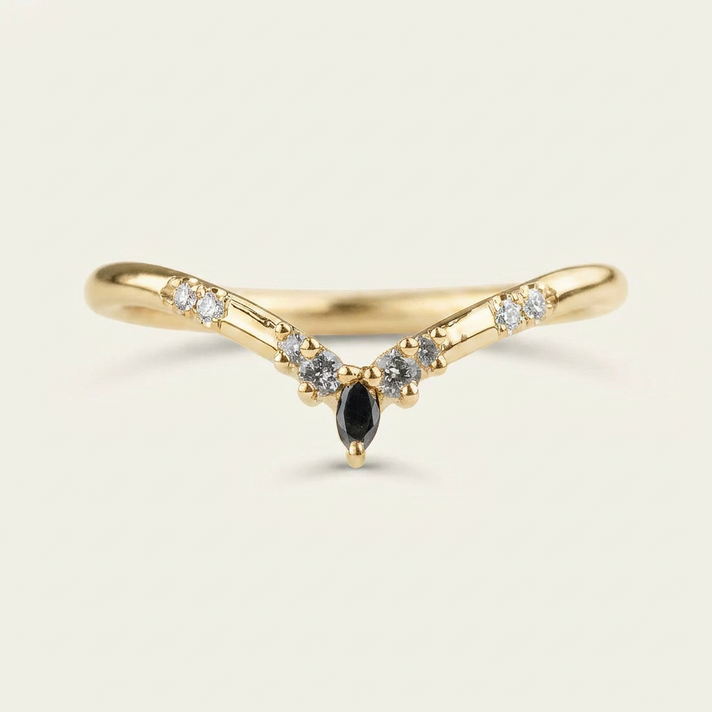 0.10 CT Marquise & Round Cut Salt and Pepper Diamond Ring