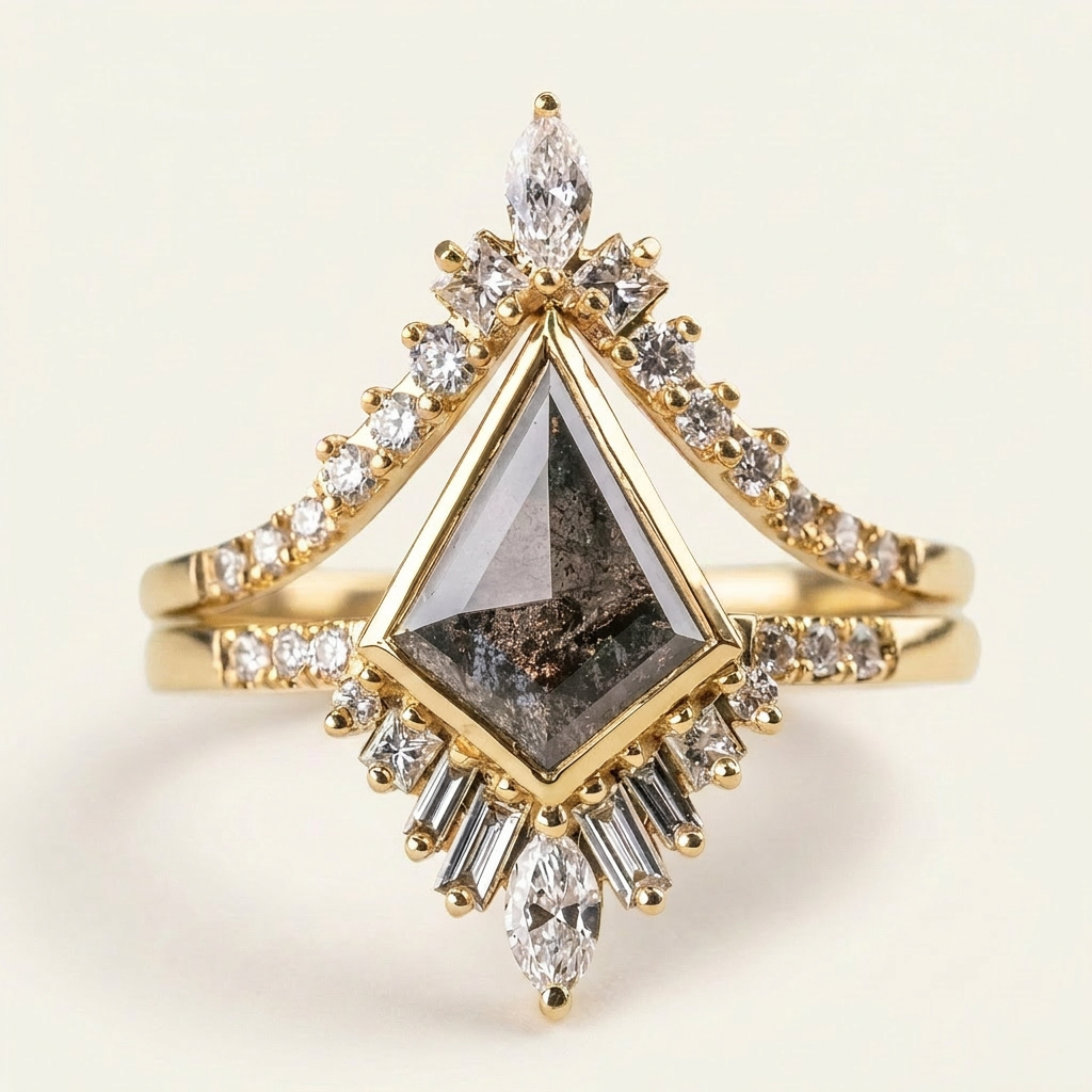 1.55 CT Kite & Round Cut Salt and Pepper Diamond Cluster Ring (V1)