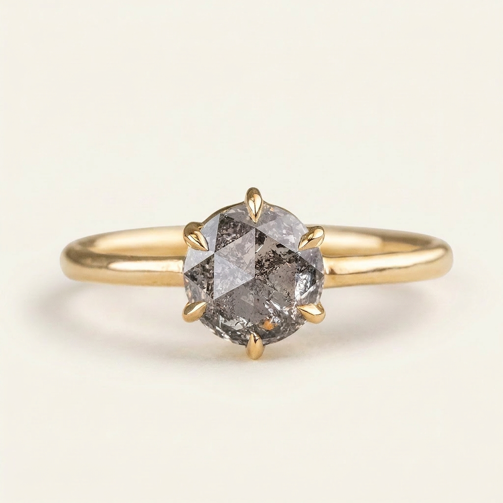 1.10 CT Round Cut Salt and Pepper Diamond Solitaire Ring