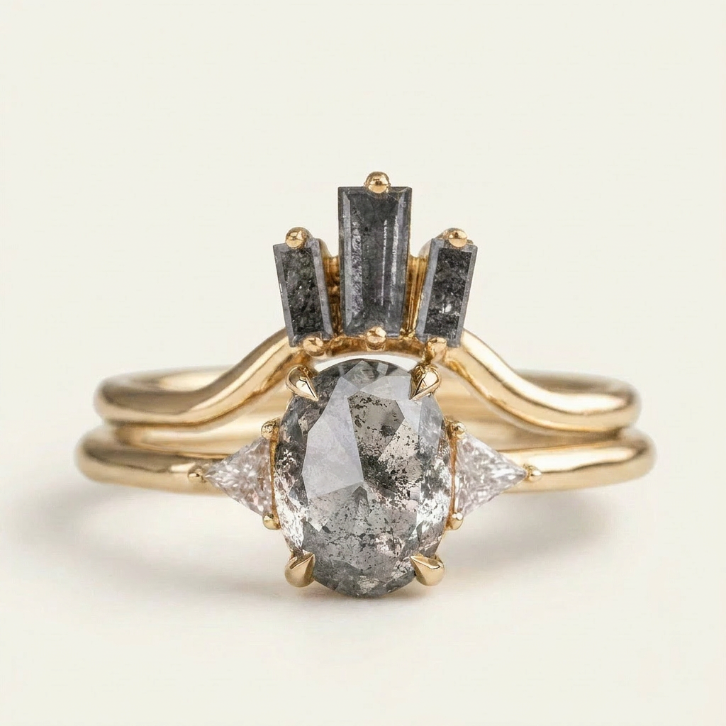 1.50 CT Oval & Triangle Cut Salt and Pepper Diamond Three Stone Ring