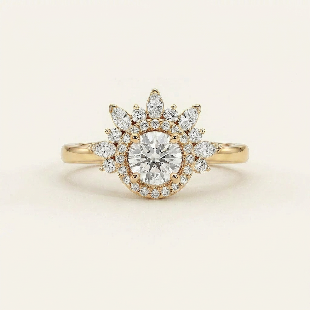 Moissanite 2.30 CT Round & Marquise Cut Diamond Cluster , Halo Ring