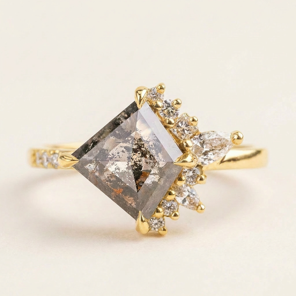 1.65 CT Kite & Round Cut Salt and Pepper Diamond Cluster Ring