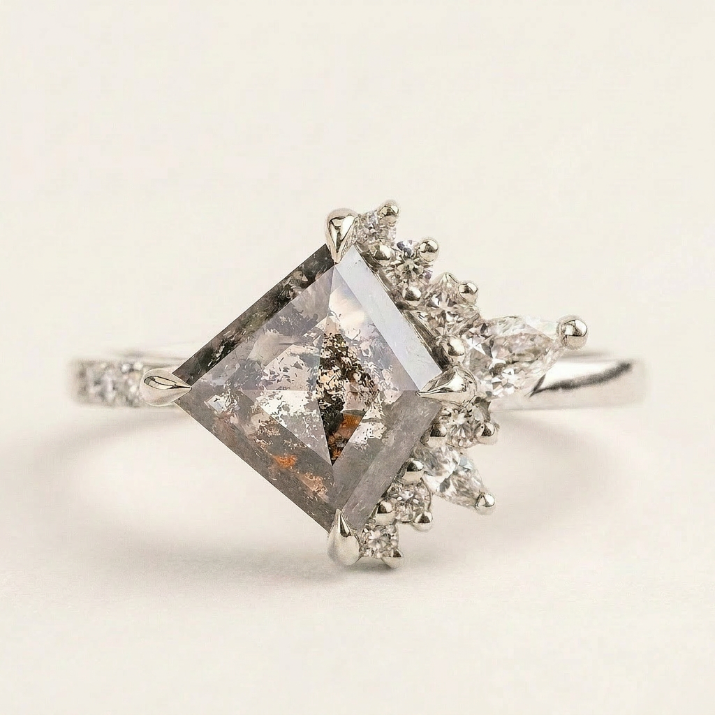 1.65 CT Kite & Round Cut Salt and Pepper Diamond Cluster Ring