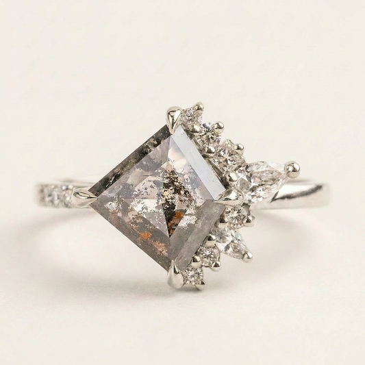 1.65 CT Kite & Round Cut Salt and Pepper Diamond Cluster Ring
