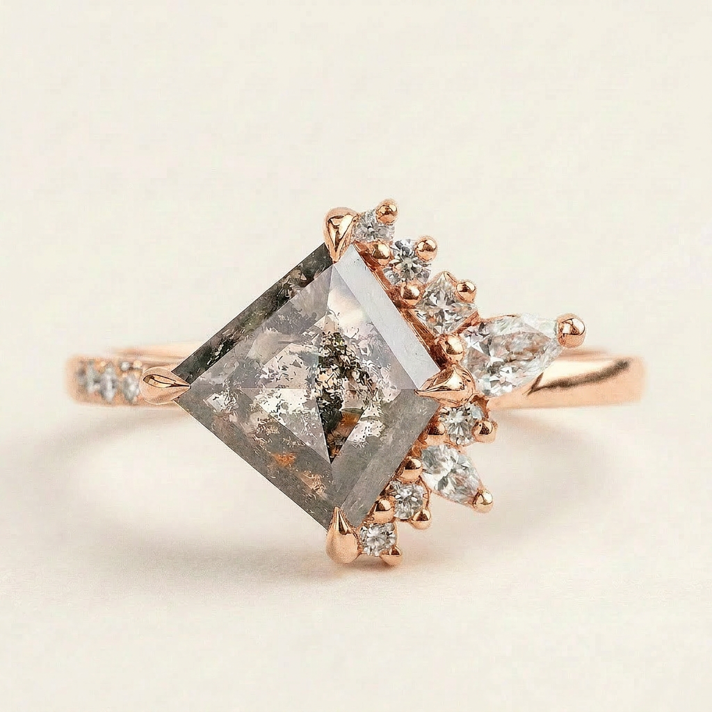 1.65 CT Kite & Round Cut Salt and Pepper Diamond Cluster Ring