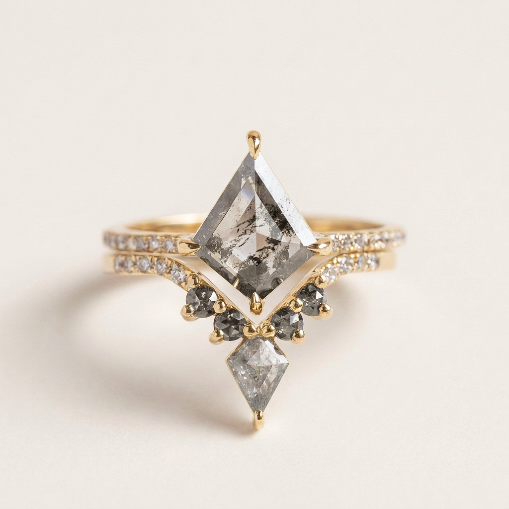 1.40 CT Kite Cut Salt and Pepper Diamond Solitaire with Side Stones Ring
