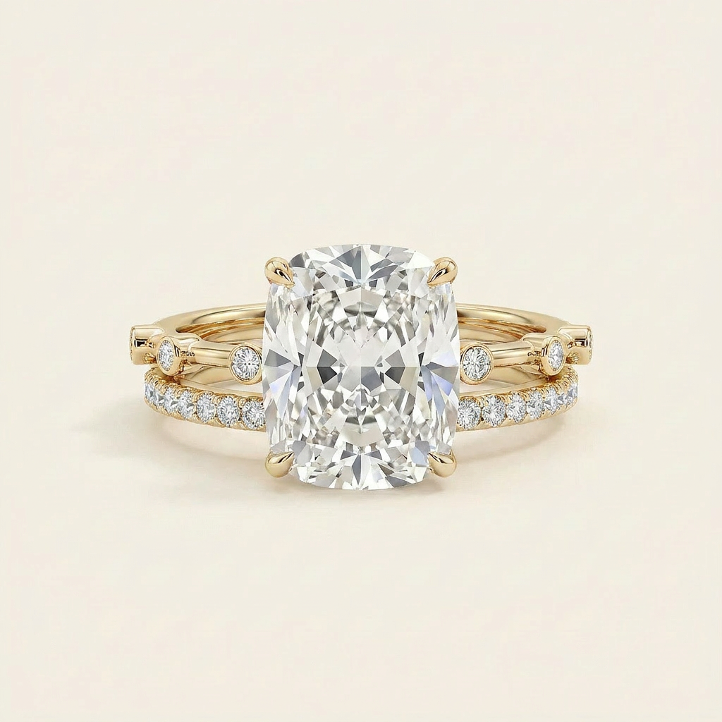 Moissanite 5.00 CT Cushion & Round Cut Diamond Solitaire Ring