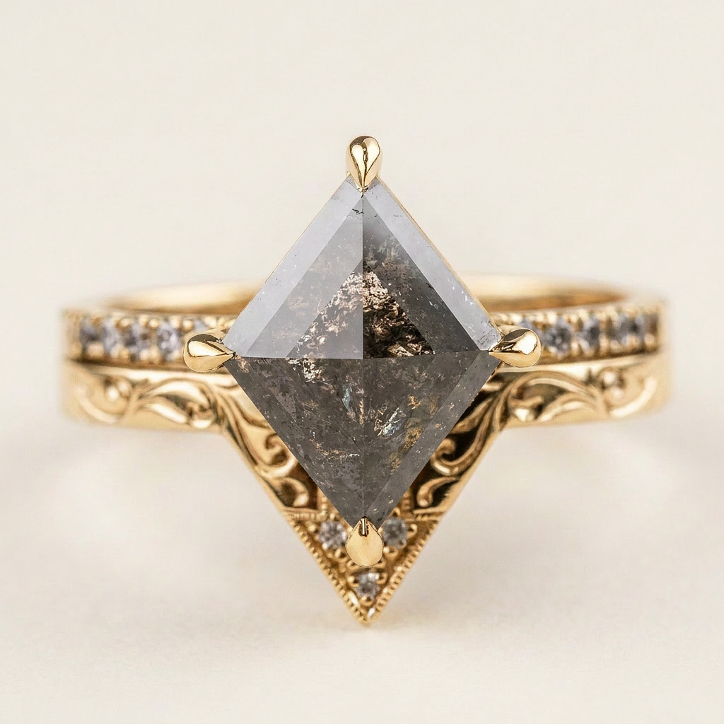 1.40 CT Kite Cut Salt and Pepper Diamond Cluster Ring