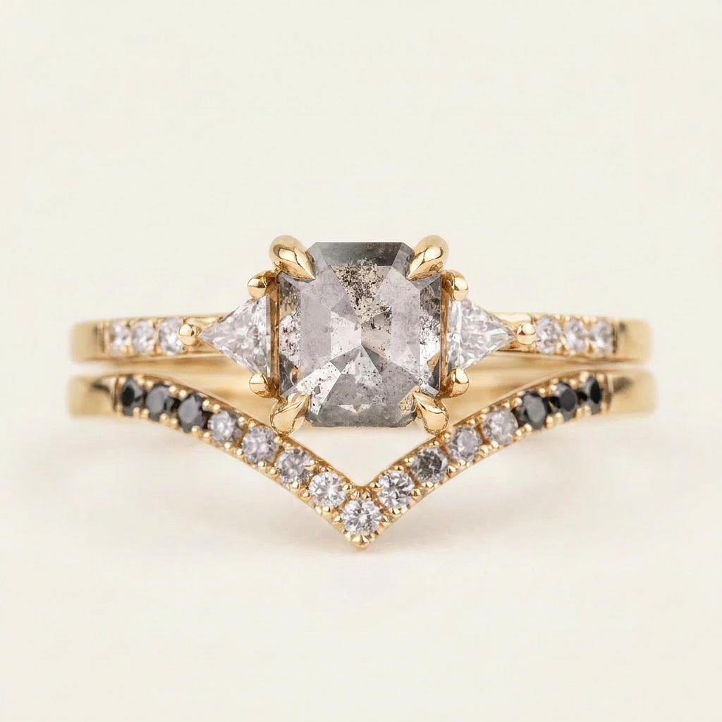 2.05 CT Asscher & Round Cut Salt and Pepper Diamond Three Stone Ring
