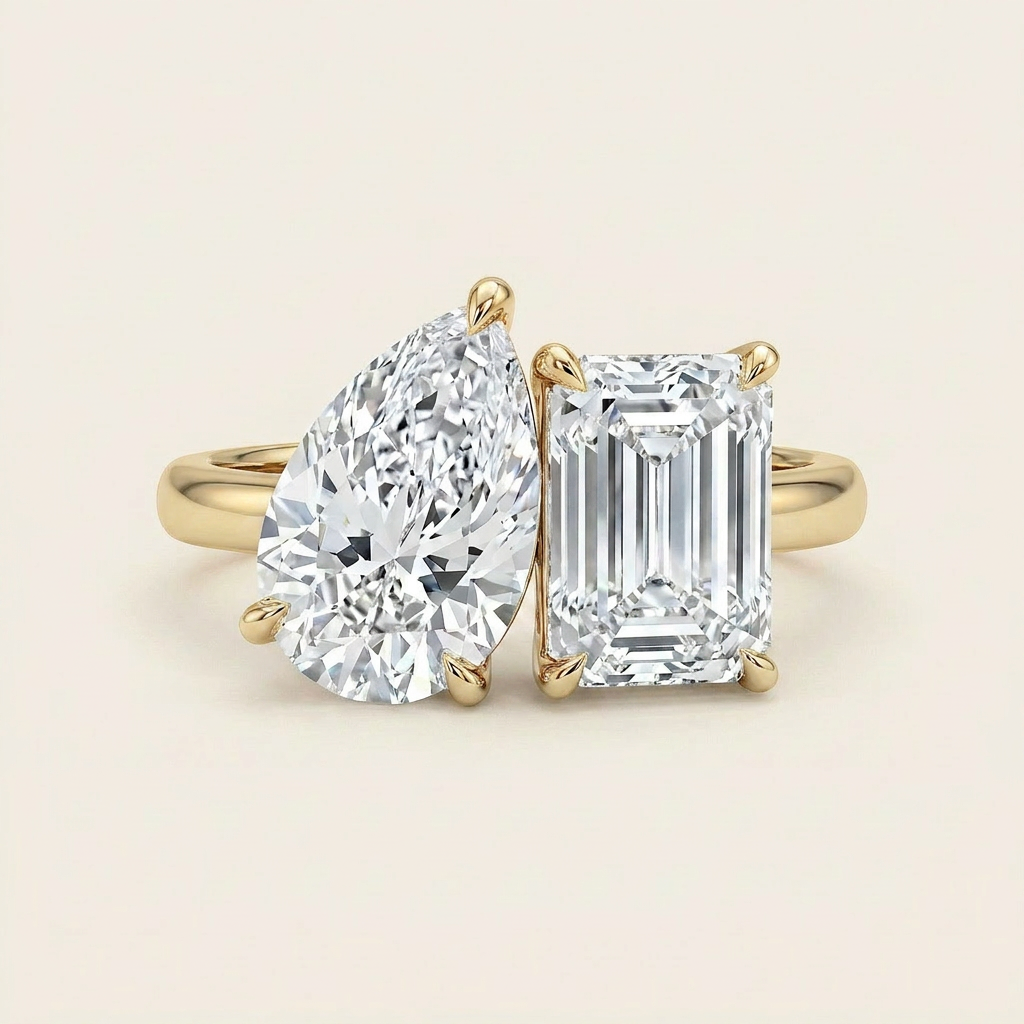 Moissanite 3.40 CT Pear & Baguette Cut Diamond Toi Et Moi Ring