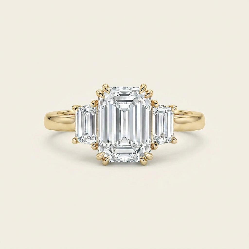Moissanite 3.35 CT Emerald & Tapered Cut Diamond Three Stone Ring