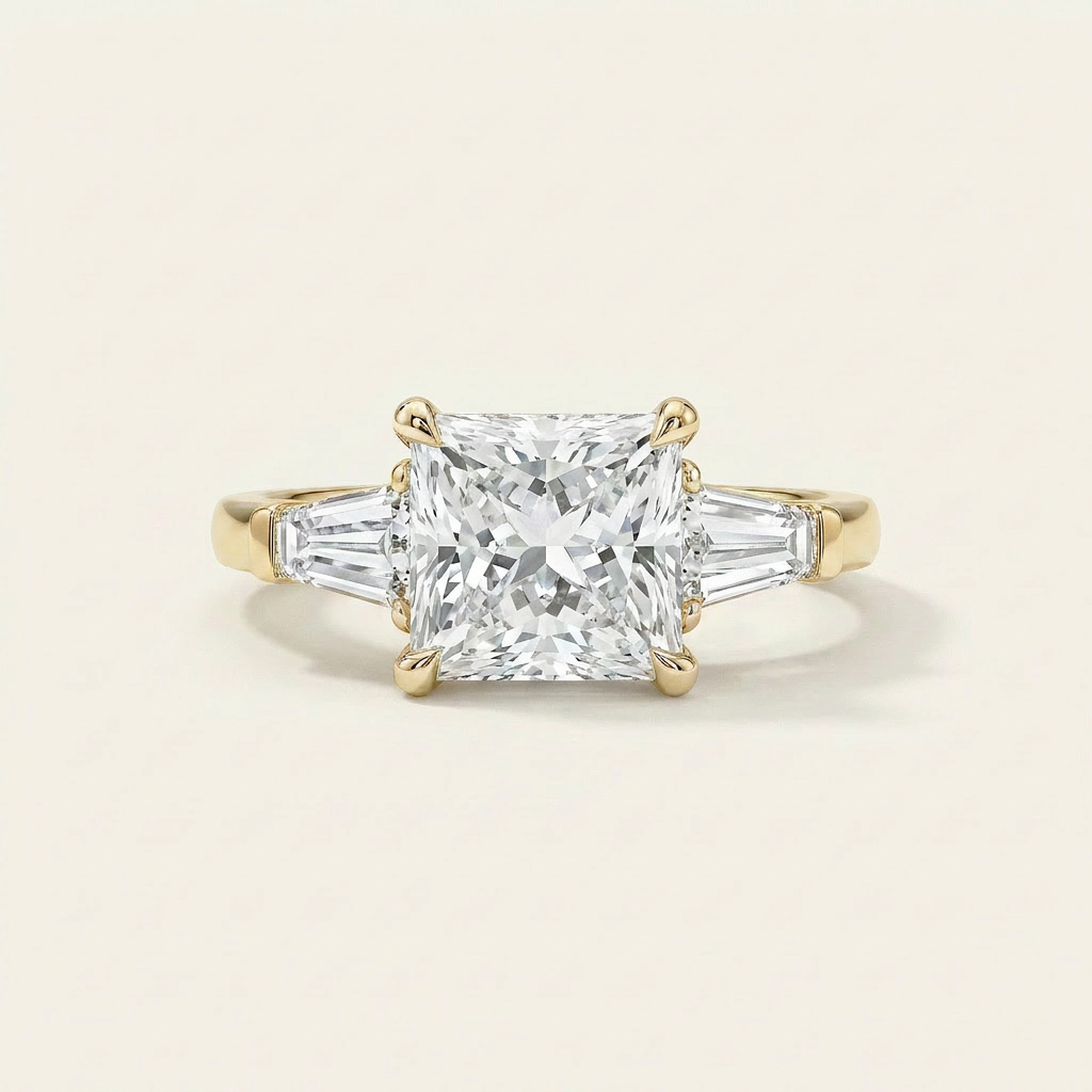 Moissanite 3.70 CT Princess & Tapered Cut Diamond Three Stone Ring