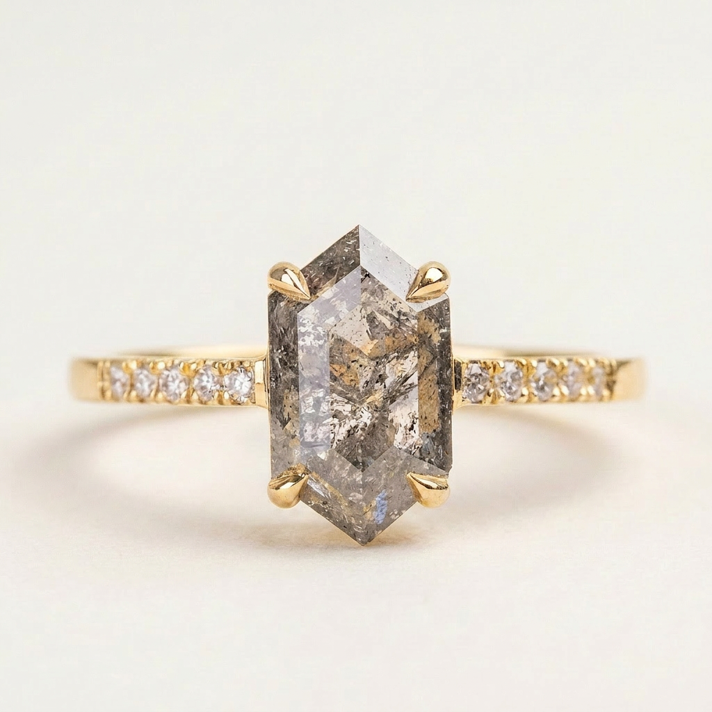 1.35 CT Hexagon Cut Salt and Pepper Diamond Solitaire Ring
